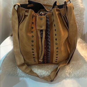 Dydaktik Tan Suede Boho Handmade Bucket Crossbody Bag